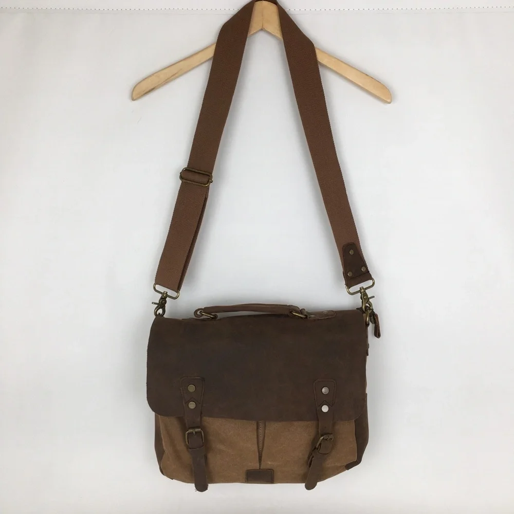 Genuine Leather Brown Canvas Vintage Style Laptop Messenger Bag Satchel